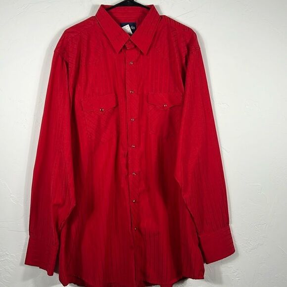 🔥🔥 Vintage WRANGLER Pearl Snap Western Cowboy LS Shirt Red Pinstriped 2XLT - E - Picture 2 of 8